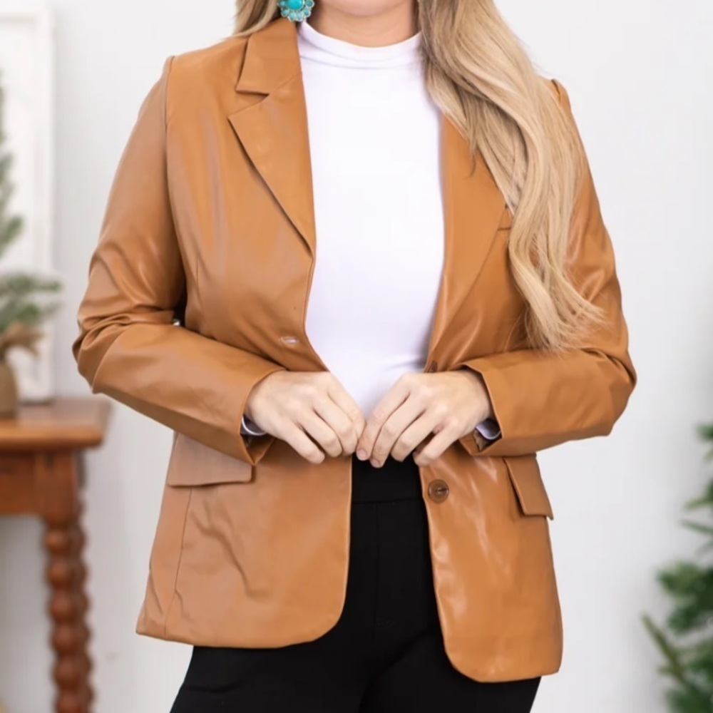 Love Tree Faux Leather Blazer Women's Office Camel Large